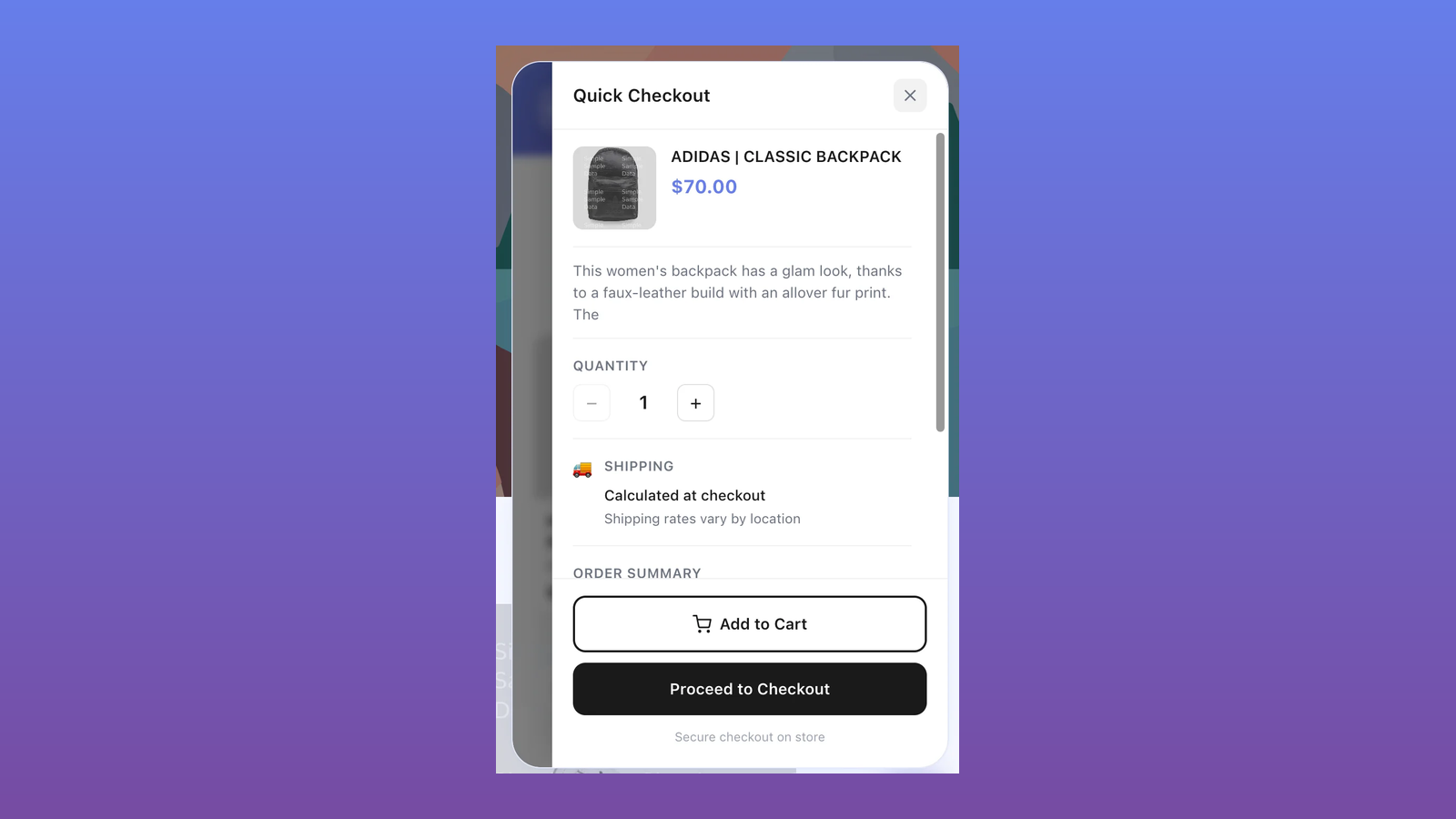 Quick Checkout modal powered by AI assistant showing products.