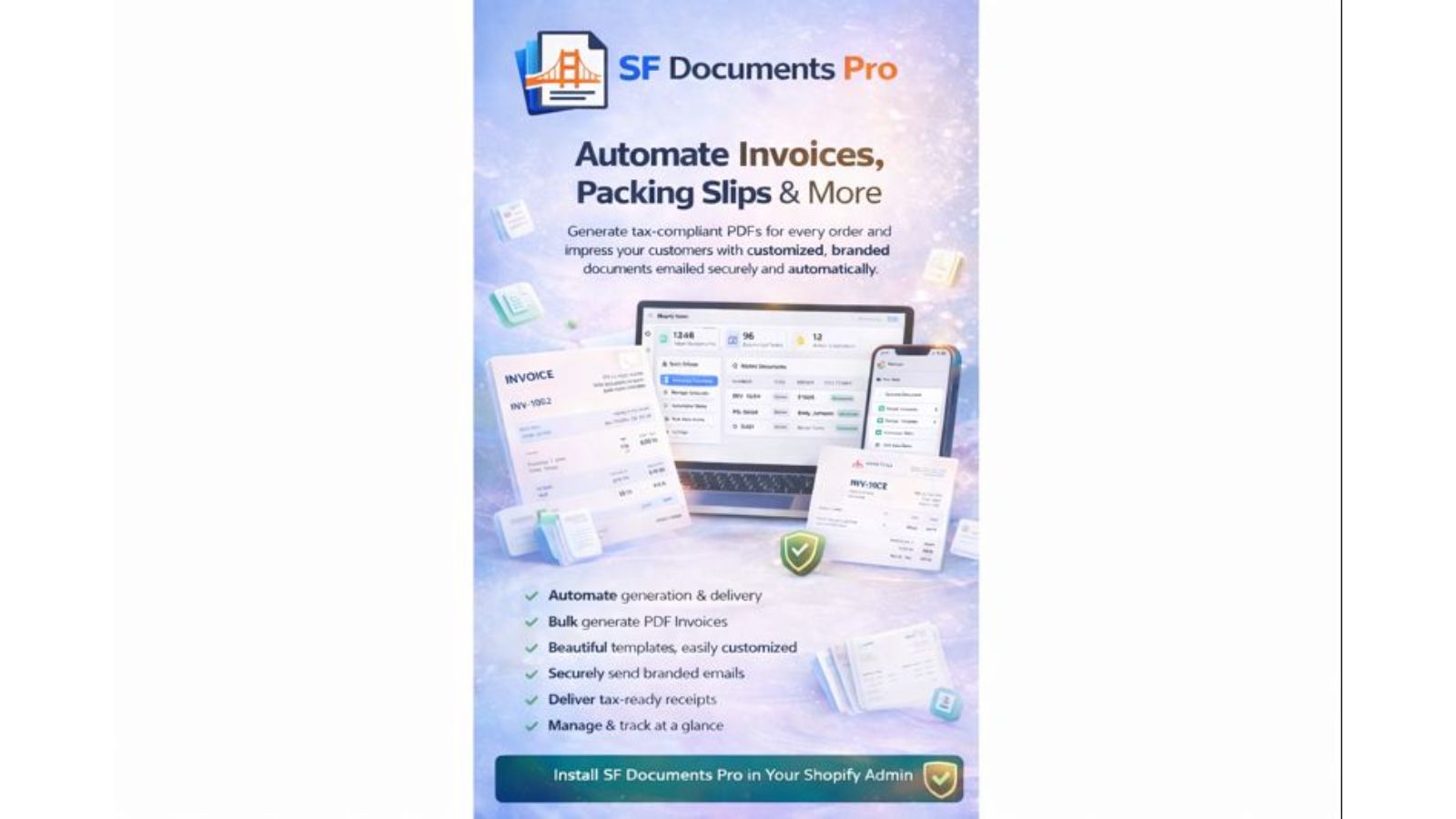Showing automated invoice generation, document history, template