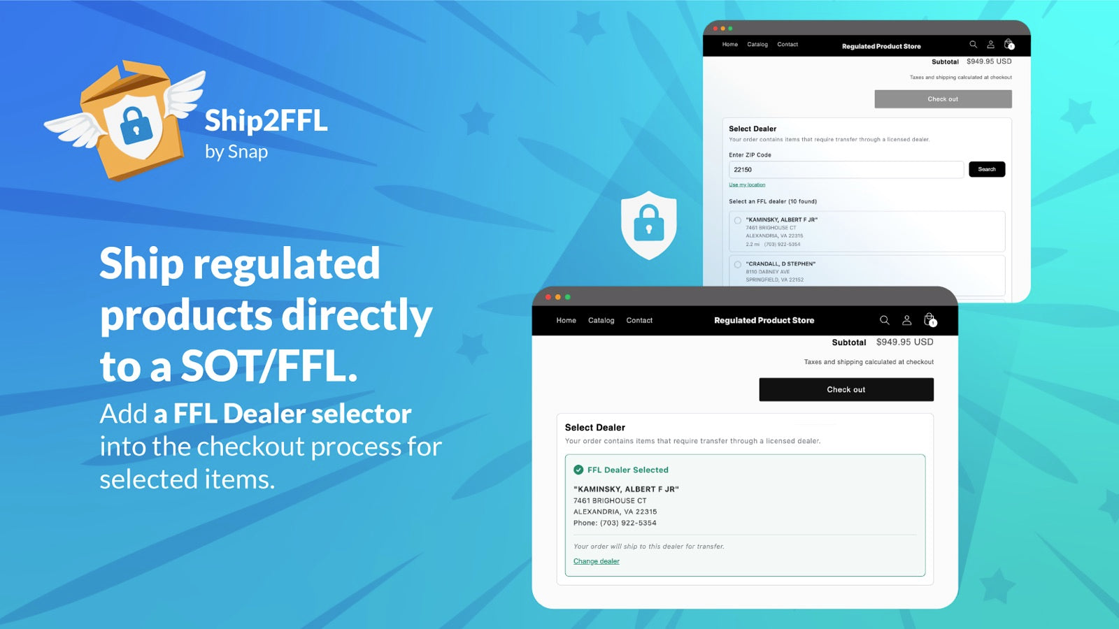 Customer selecting FFL dealer at checkout with theme options