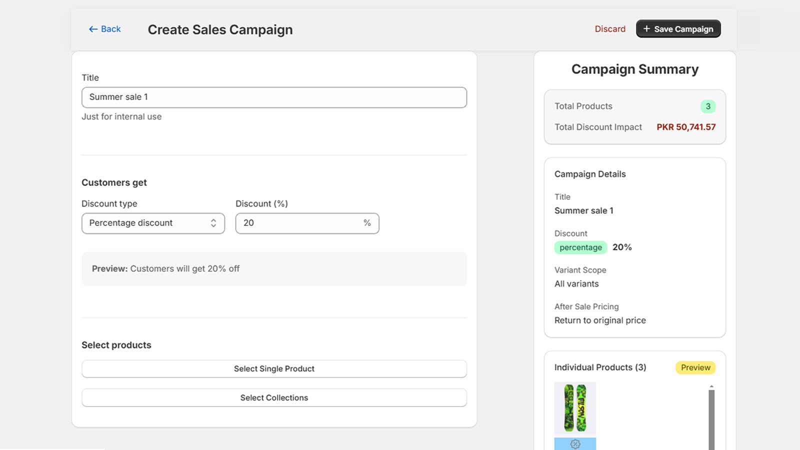 Create campaign form with discount and product options