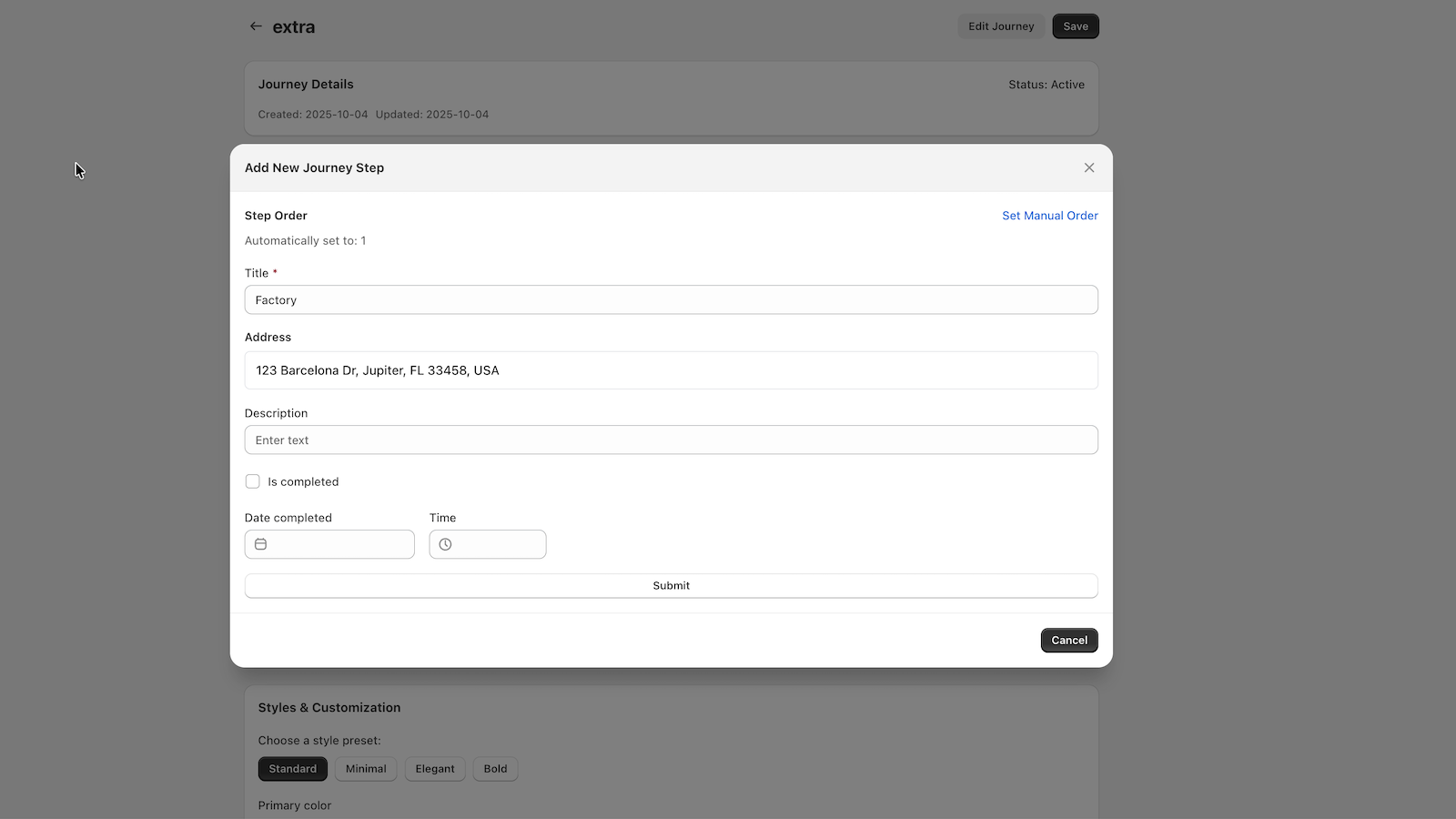 Interface allowing editing of a Journey Step 