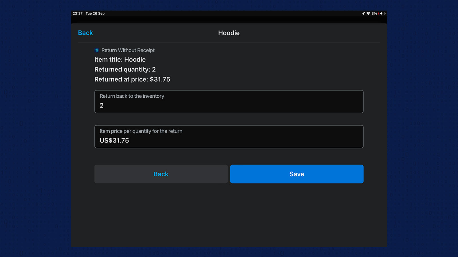 Screen showing the ability to choose return details