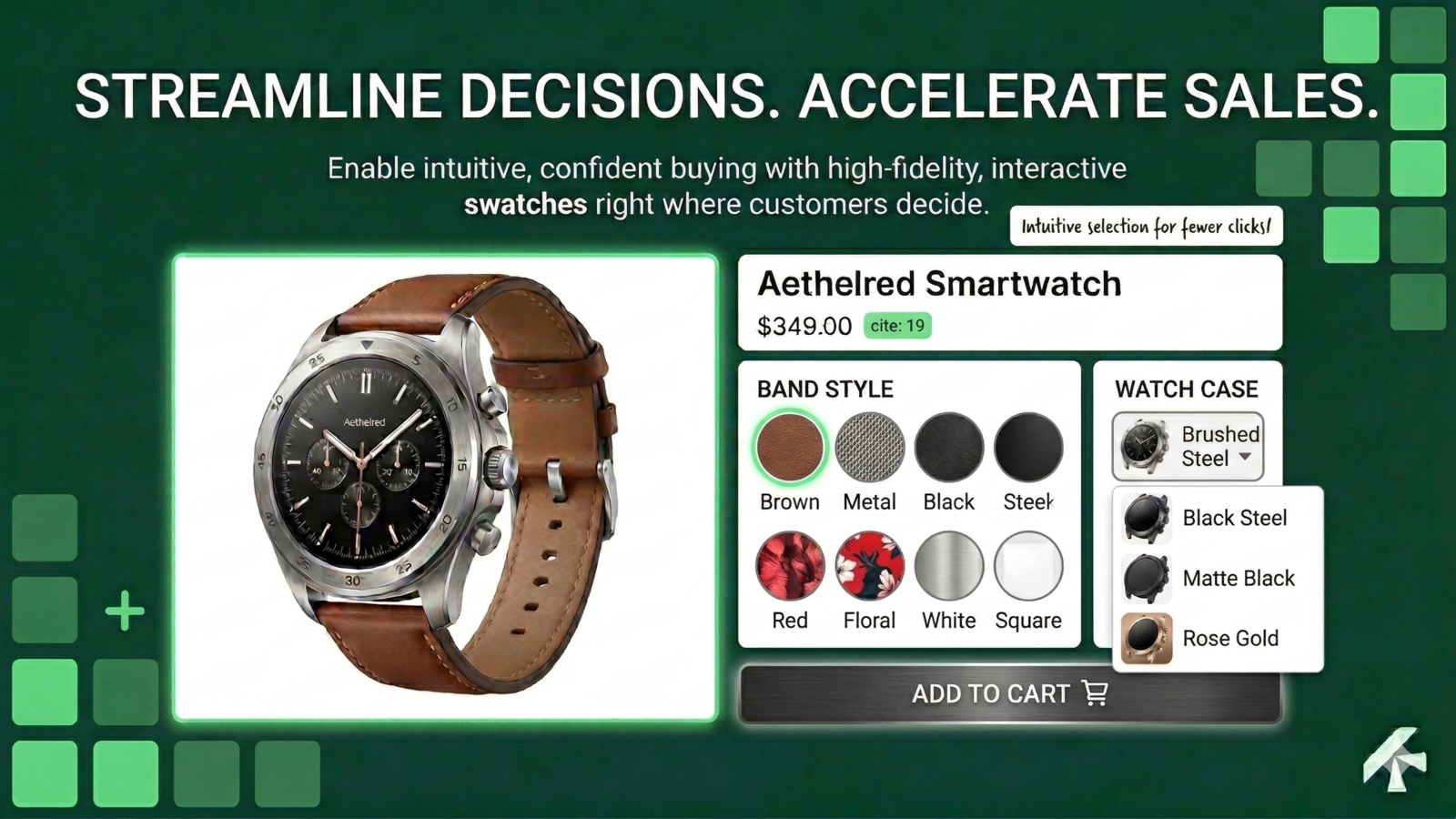Smartwatch page with swatches positioned below Add to Cart.