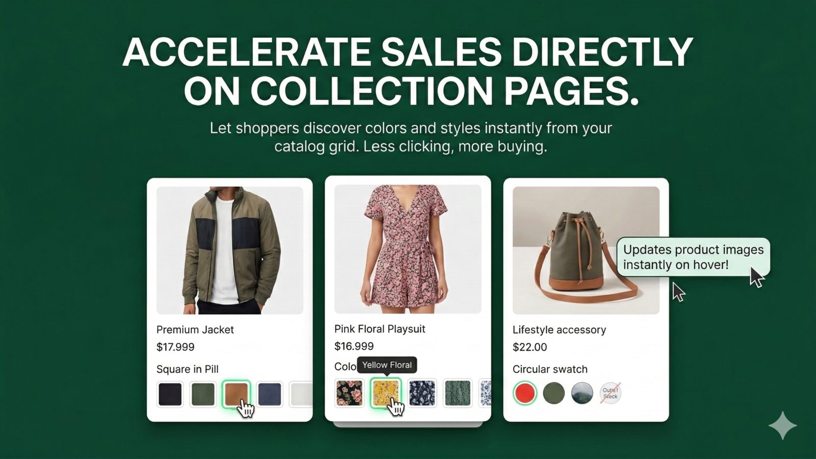 Collection page grid with swatches below products to speed sales