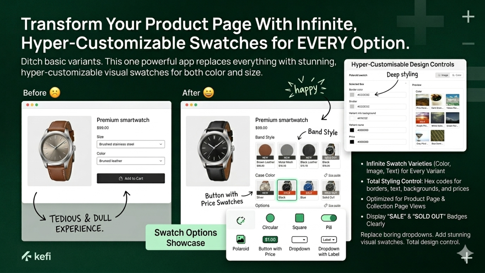 Smartwatch page with circular swatches and image variant dropdow