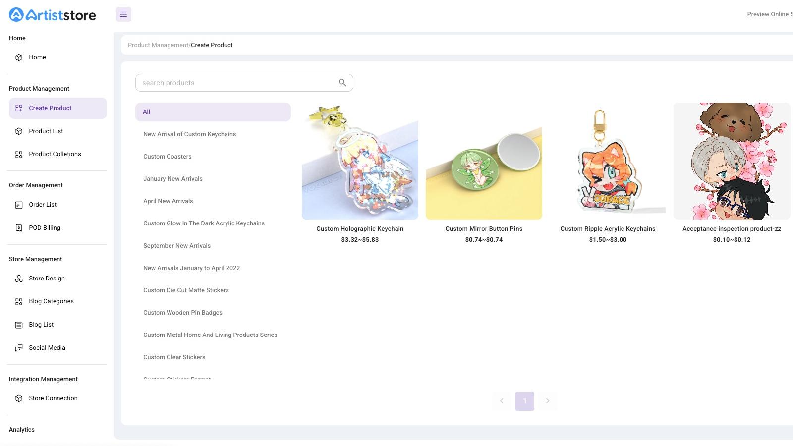 POD product creation interface with design upload, specification