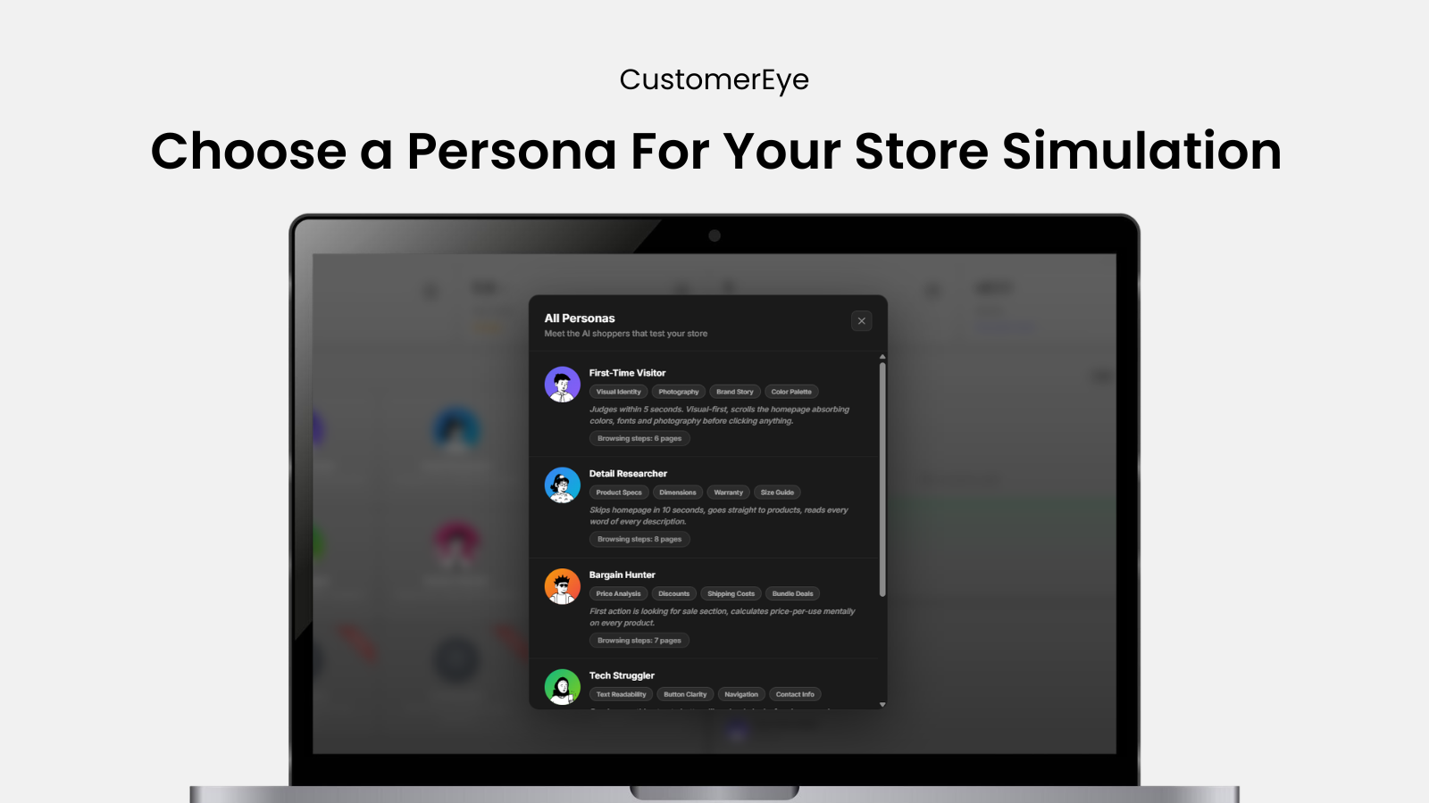 CustomerEye persona picker showing 5 customer simulation types