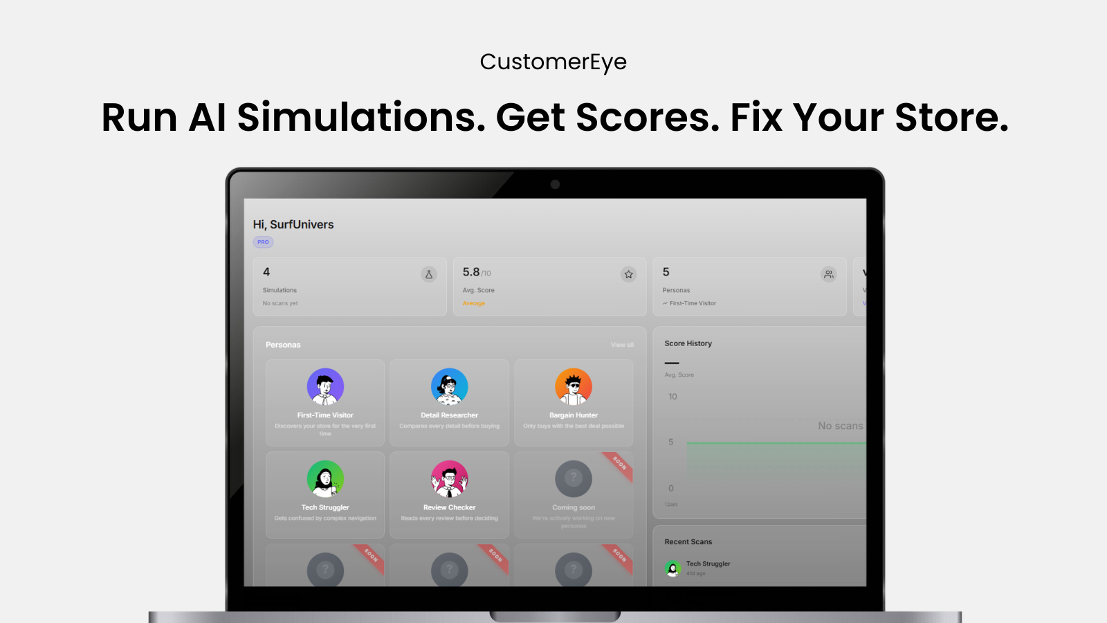CustomerEye dashboard showing simulation stats & score history.