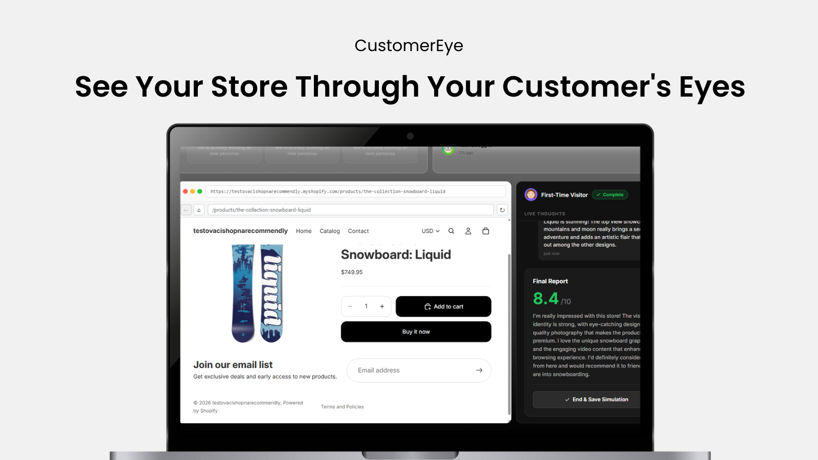 CustomerEye simulation result showing 8.4/10 store score with AI