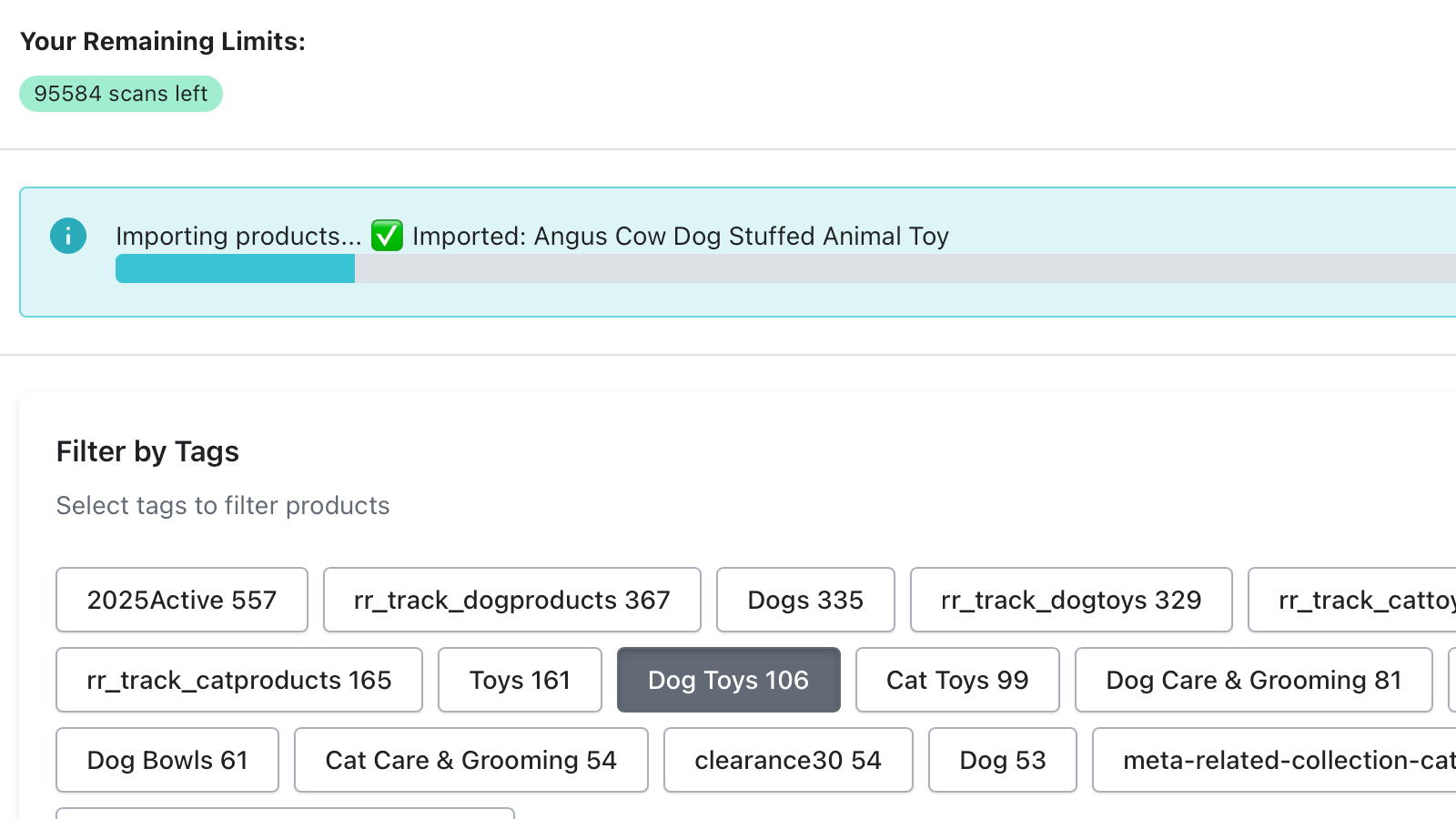 Discover tags and filter products in bulk skipping existing ones