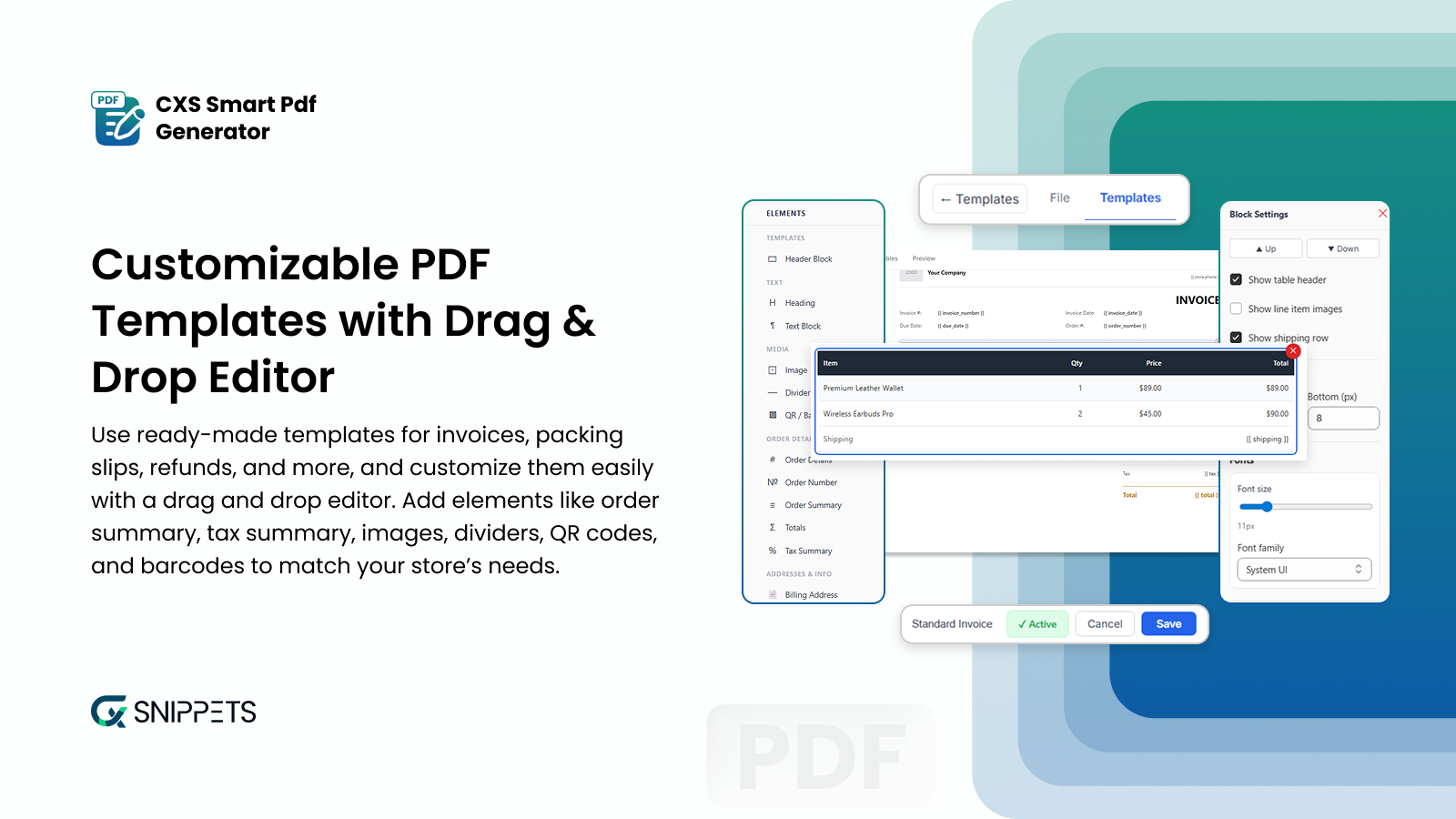 Customizable PDF templates for drag and drop editor