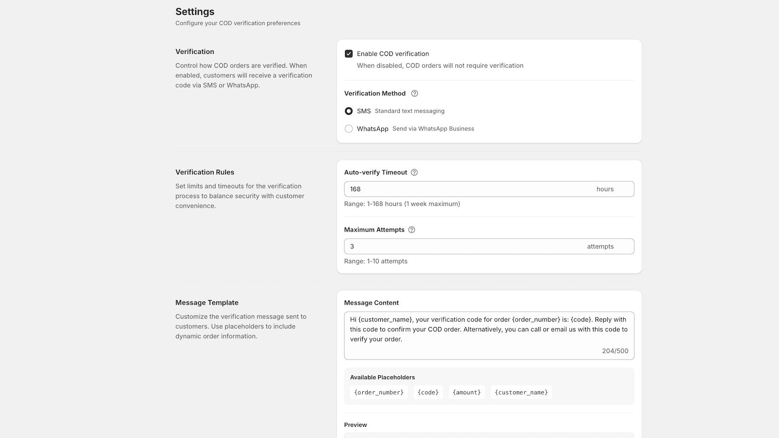 Settings to configure SMS, WhatsApp, and message templates