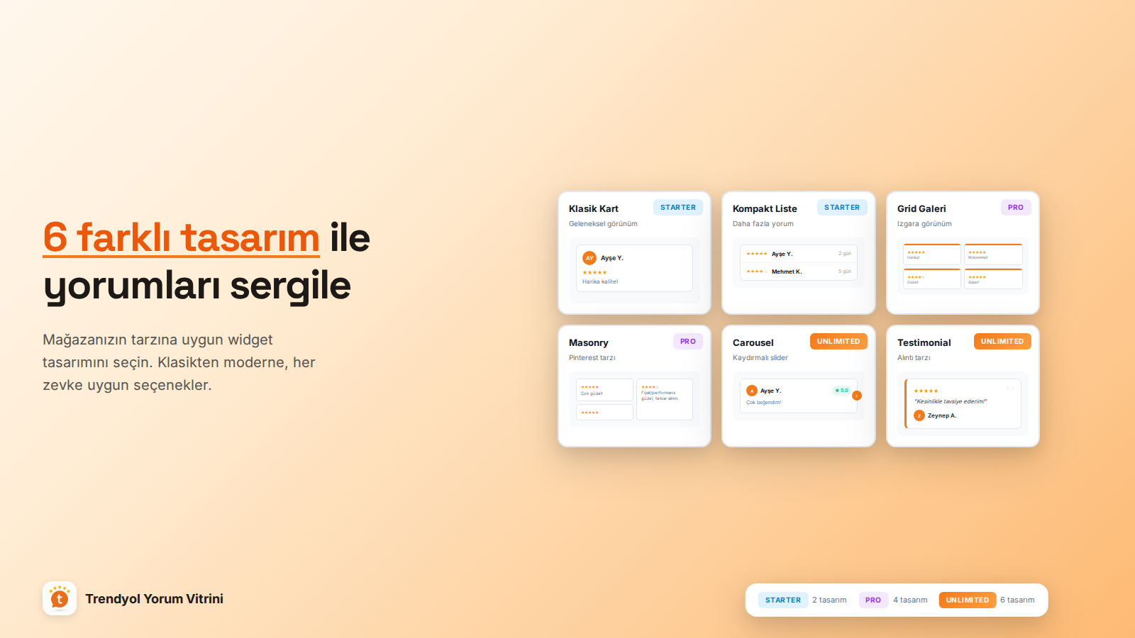 6 farklı widget tasarımı: kart, liste, galeri, carousel
