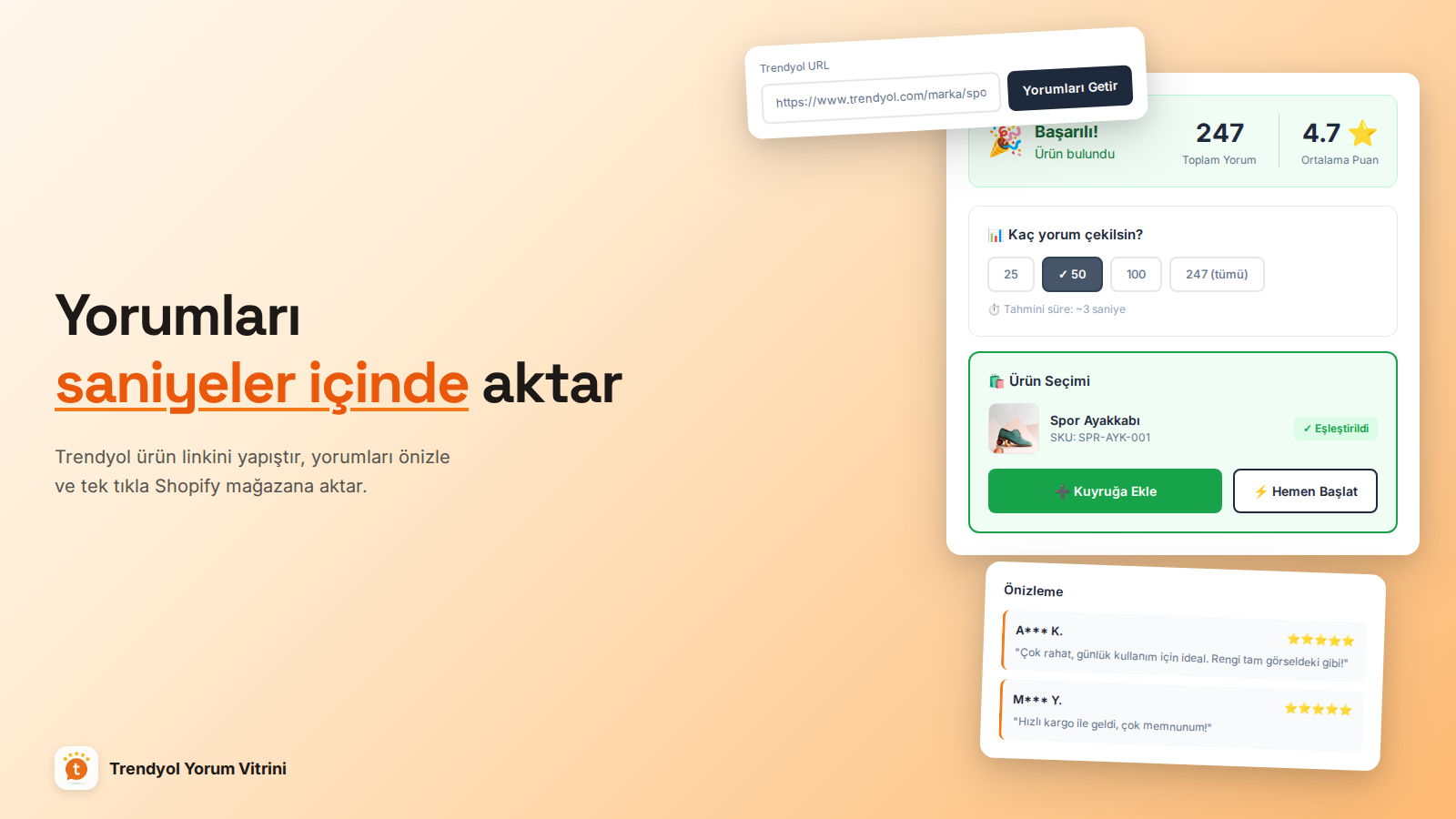 Trendyol URL'den yorum aktarma ve önizleme ekranı