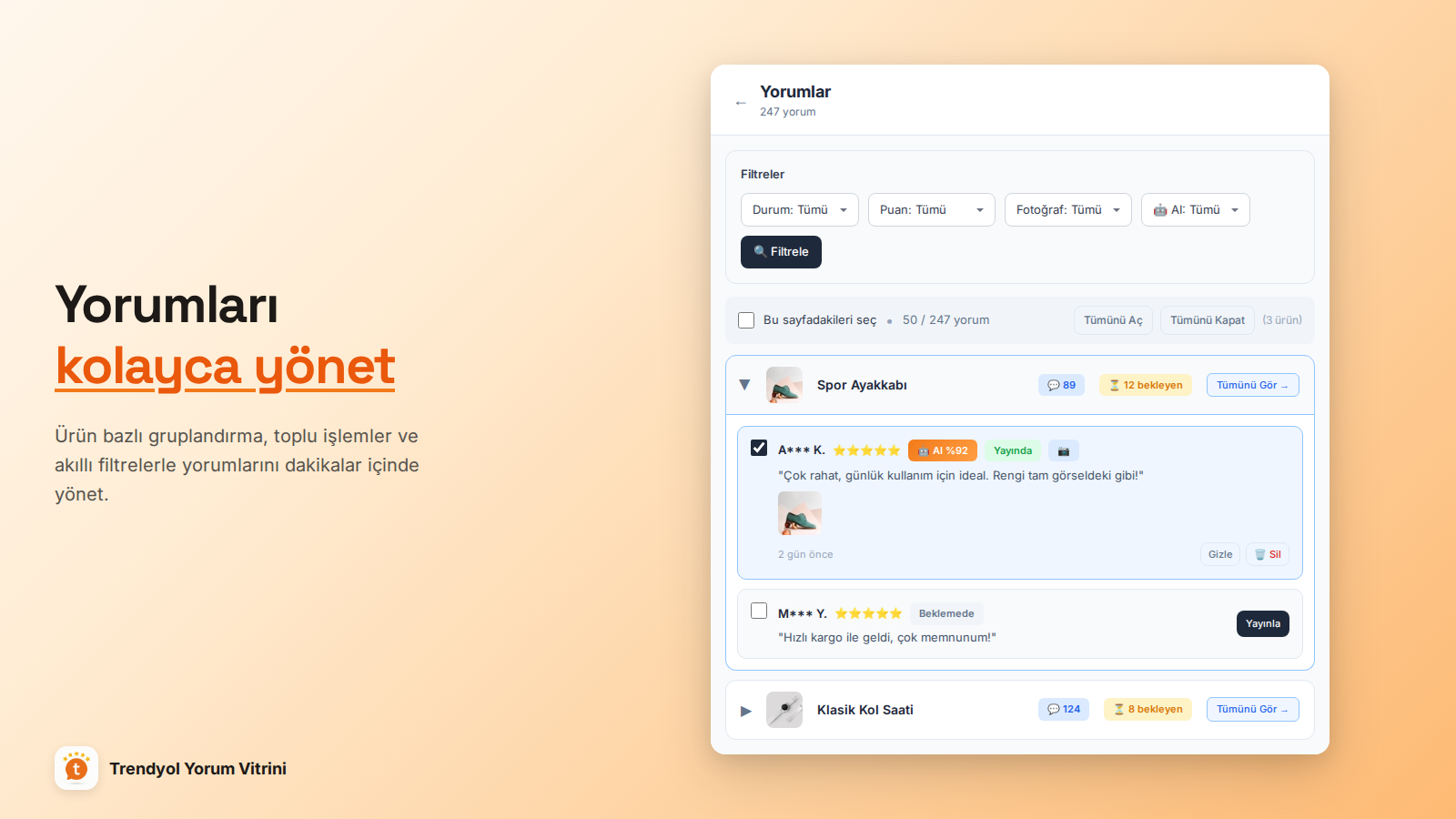 Yorum yönetimi: filtreler, toplu işlemler, AI seçimi