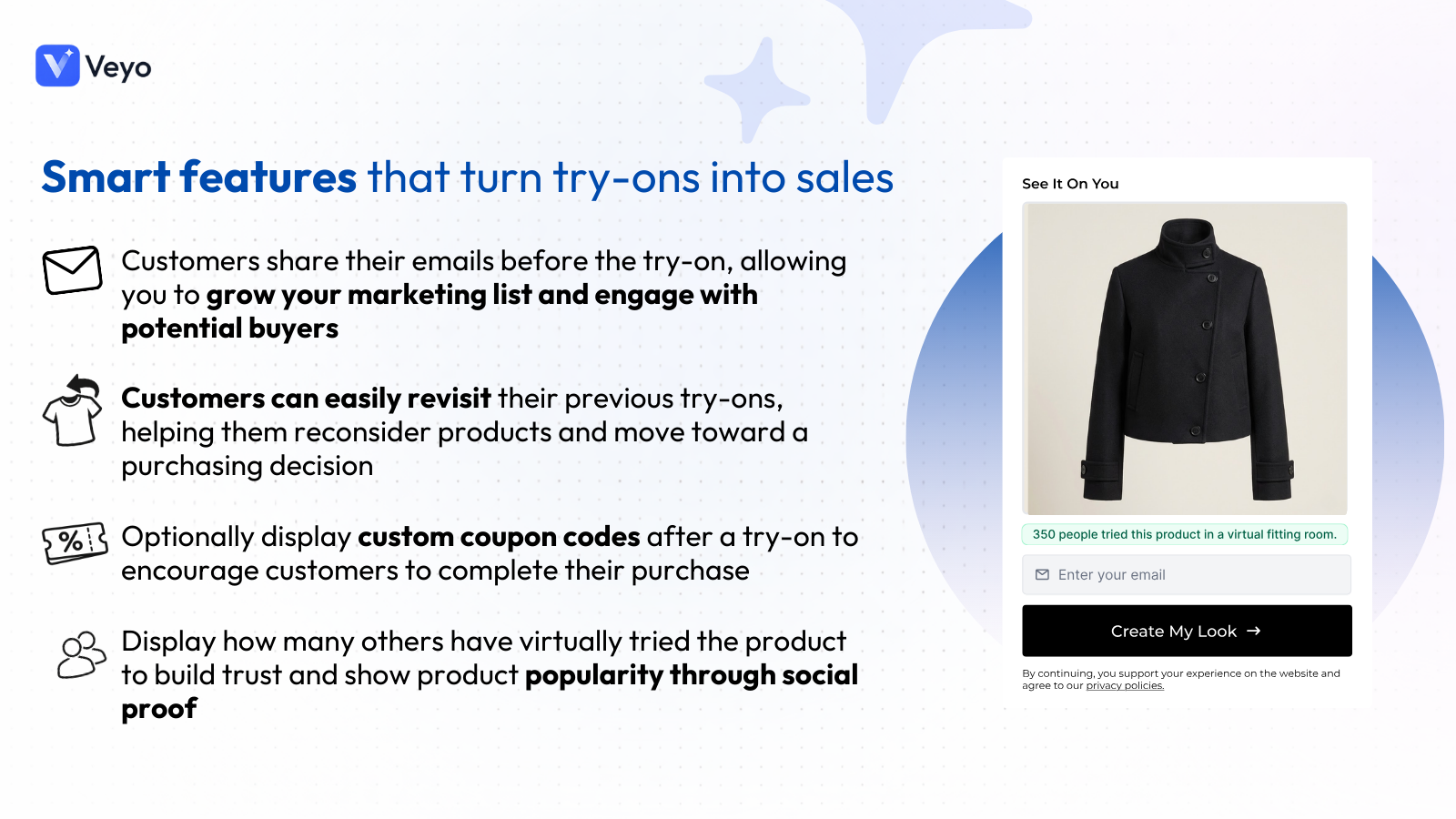 Try-on tools: Email capture, coupons & social proof