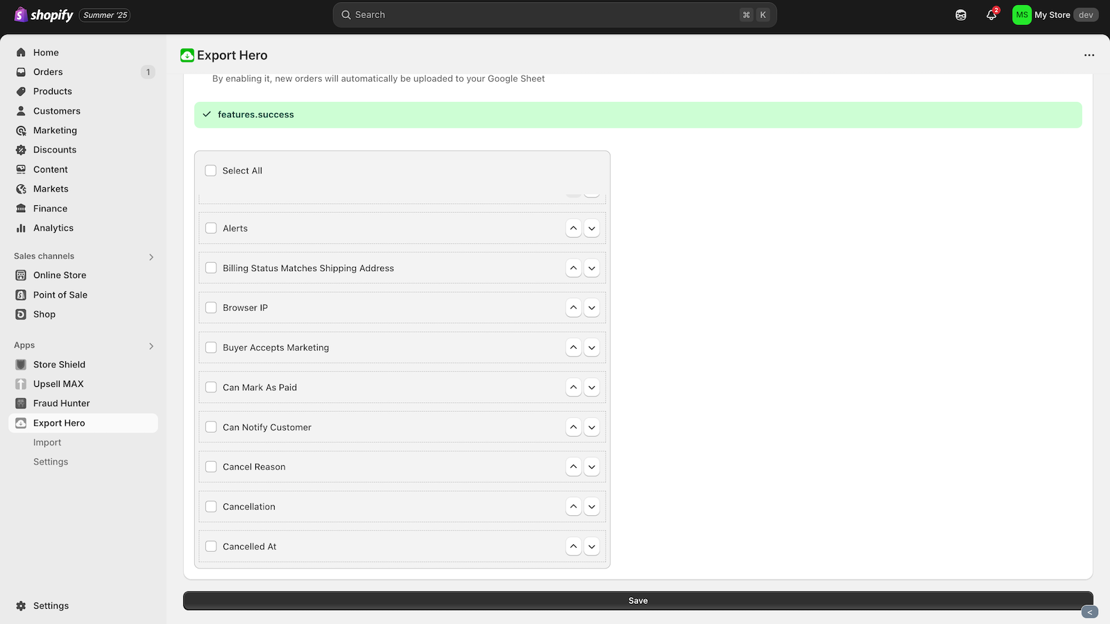 Customize columns of your export