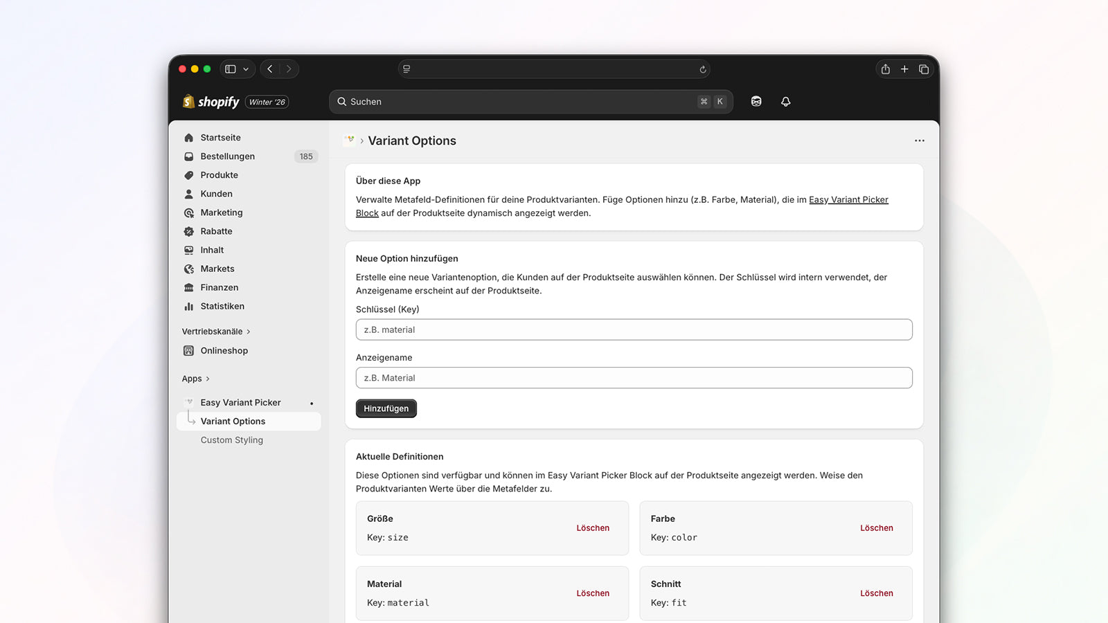 Neue Option hinzufügen / aktuelle Definitionen