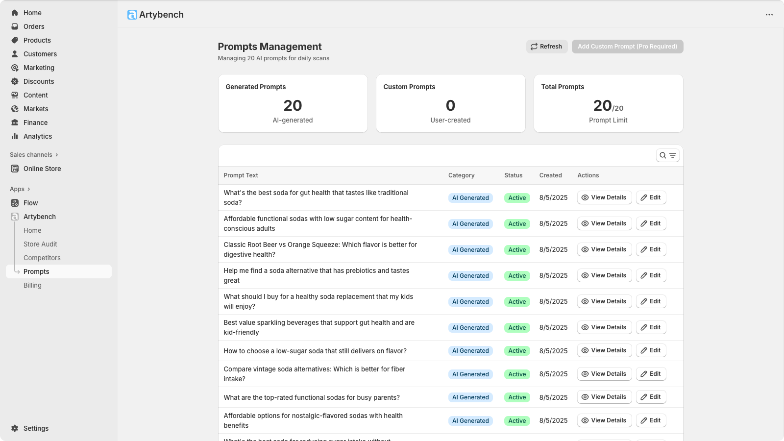 Artybench's Prompt Management, showing list of monitored prompts