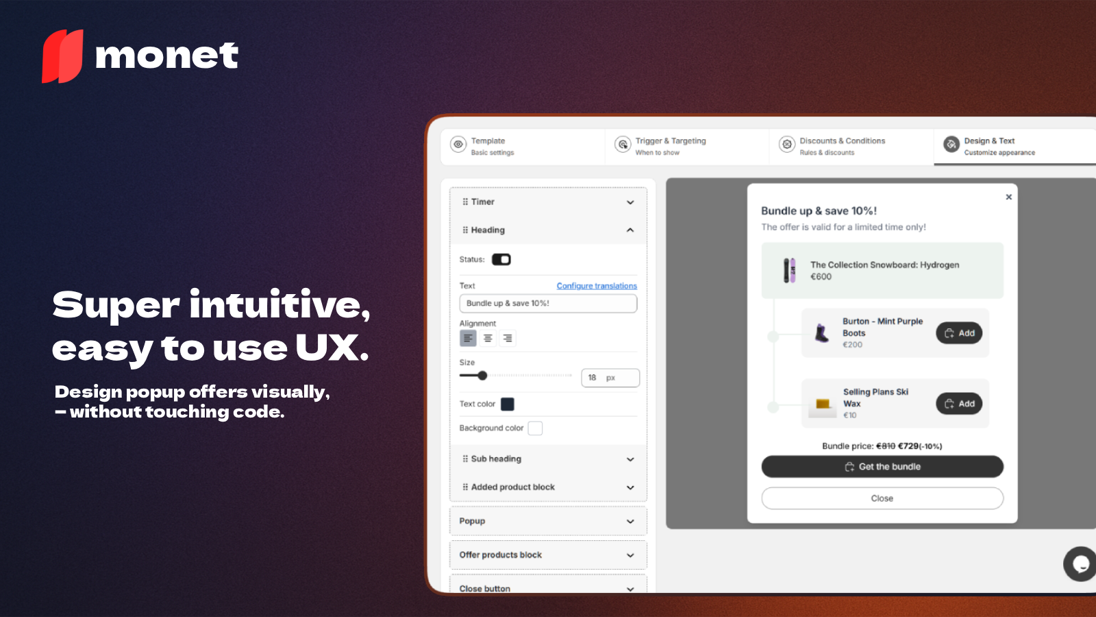 Monet best shopify app - UI Preview and simple UX of the app