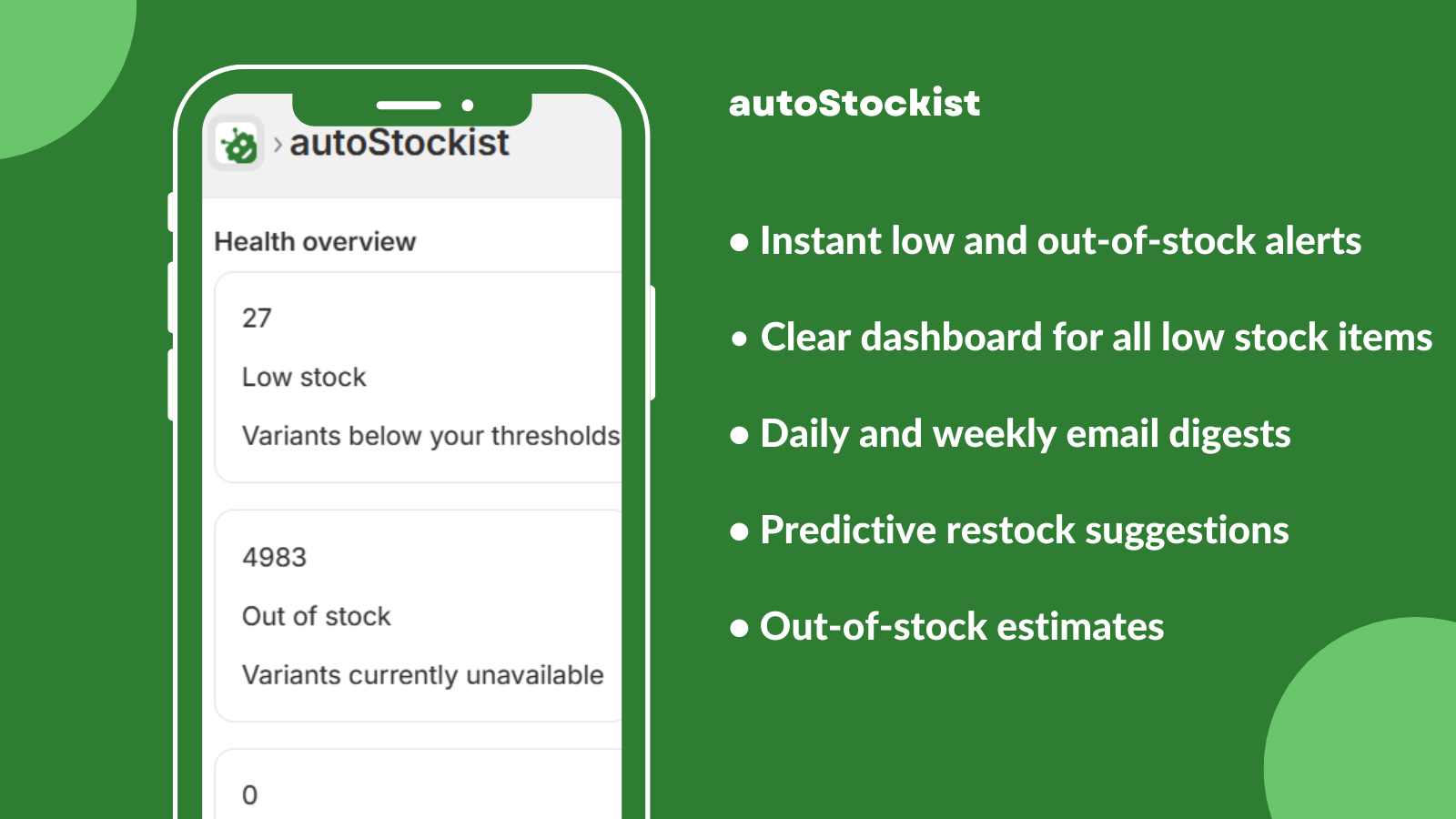 autoStockist feature list for stock tracking and alerts