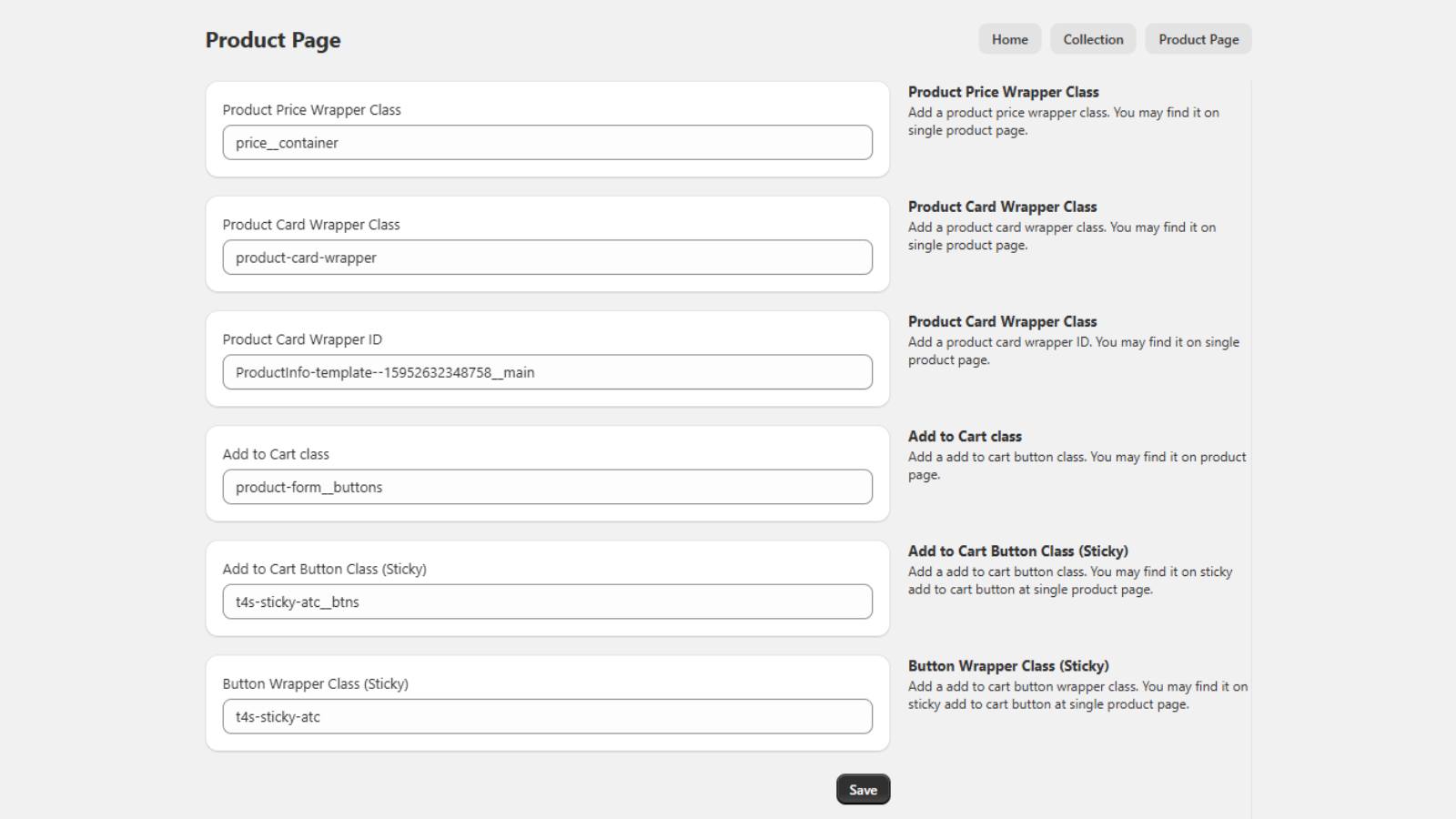 product page setting
