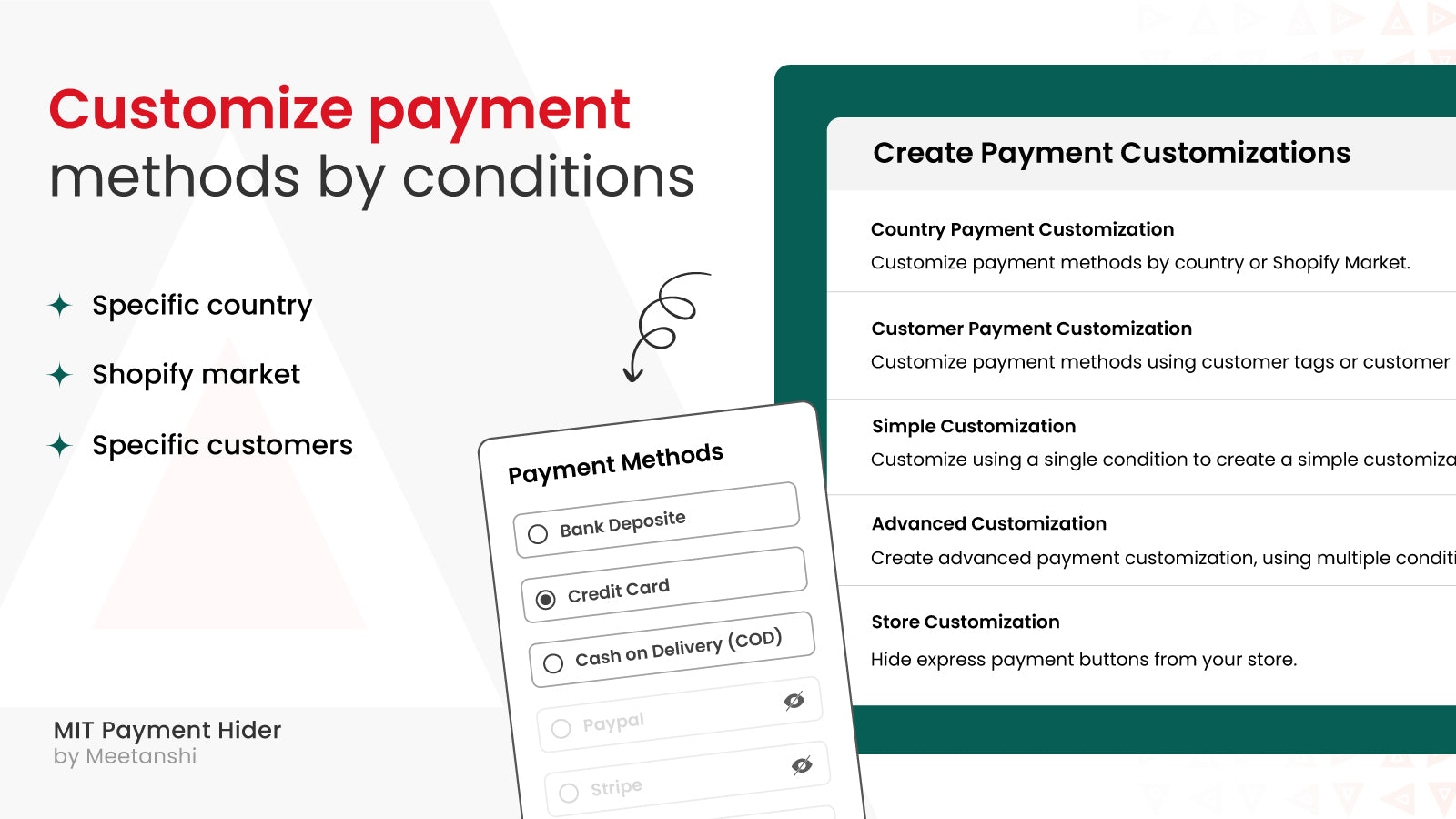 Customize payment methods by conditions