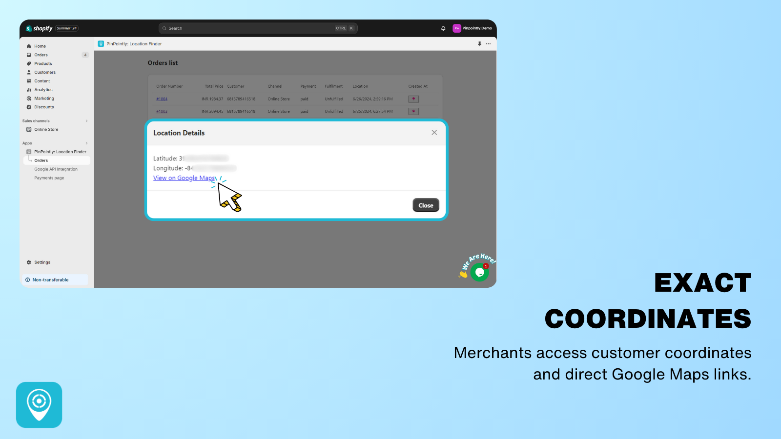 Merchant view of customer coordinates with Google Maps links