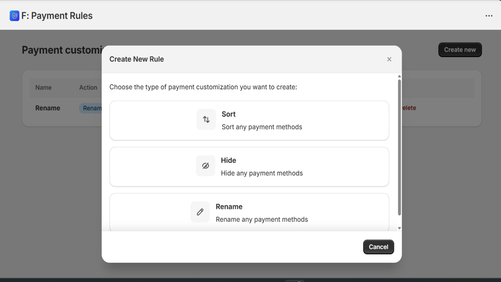 Create new rule popup