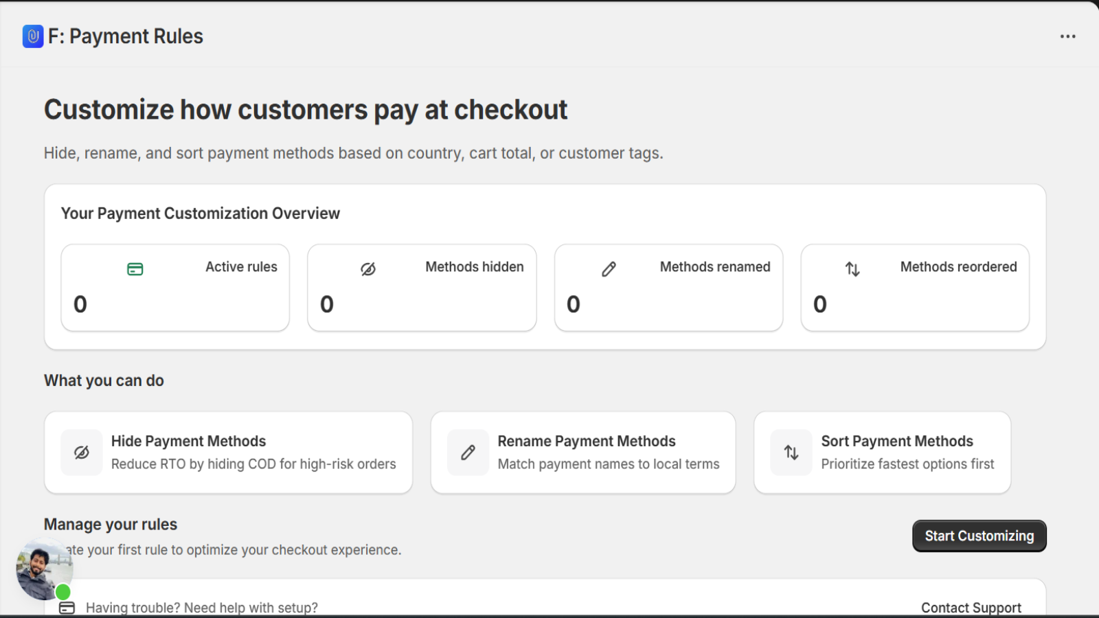 Dashboard showing active, hidden, reordered, and renamed rules