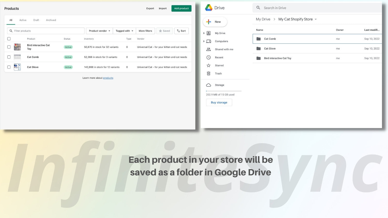 InfiniteSync syncing products to Drive