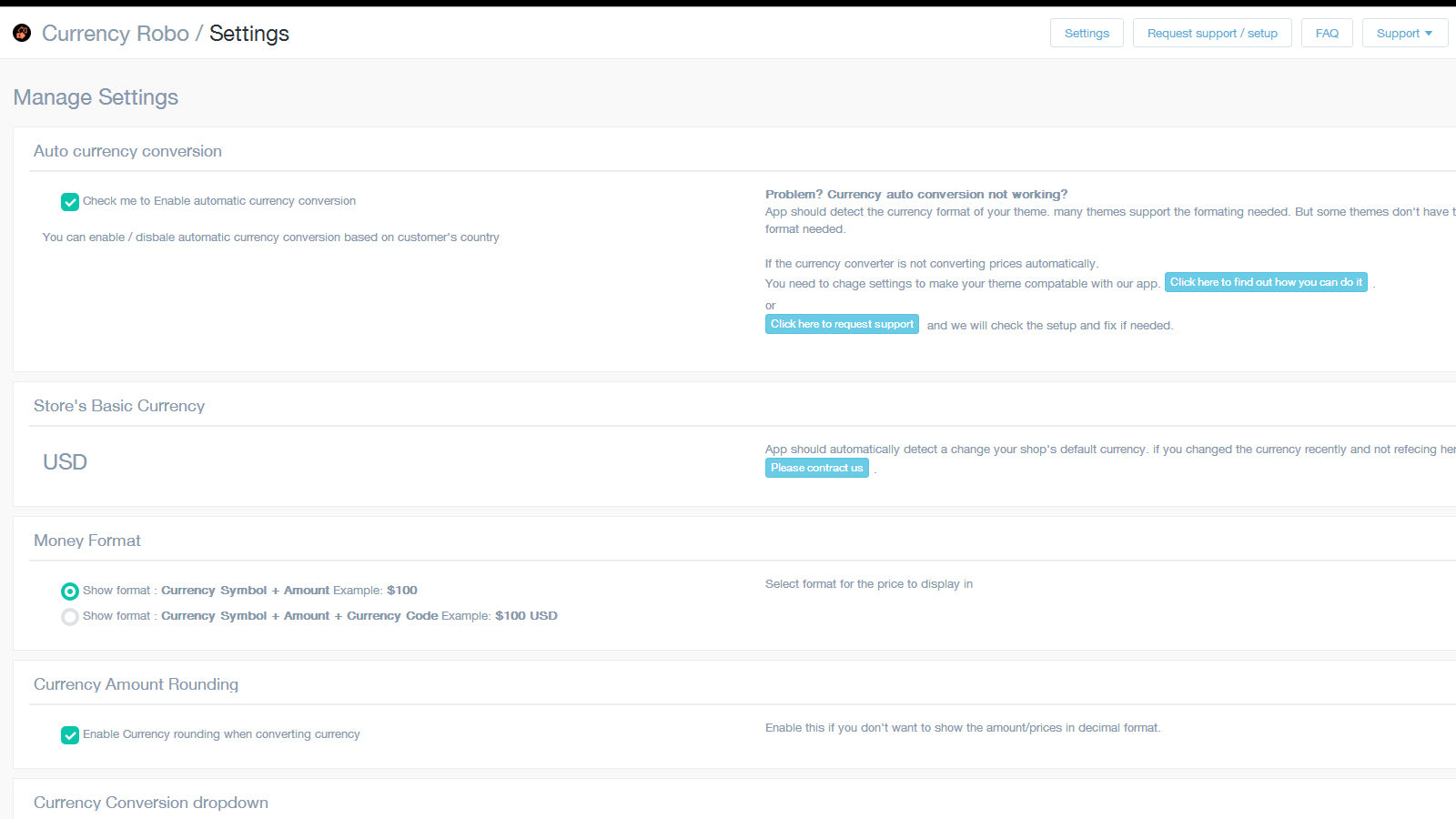 App dashboard and settings