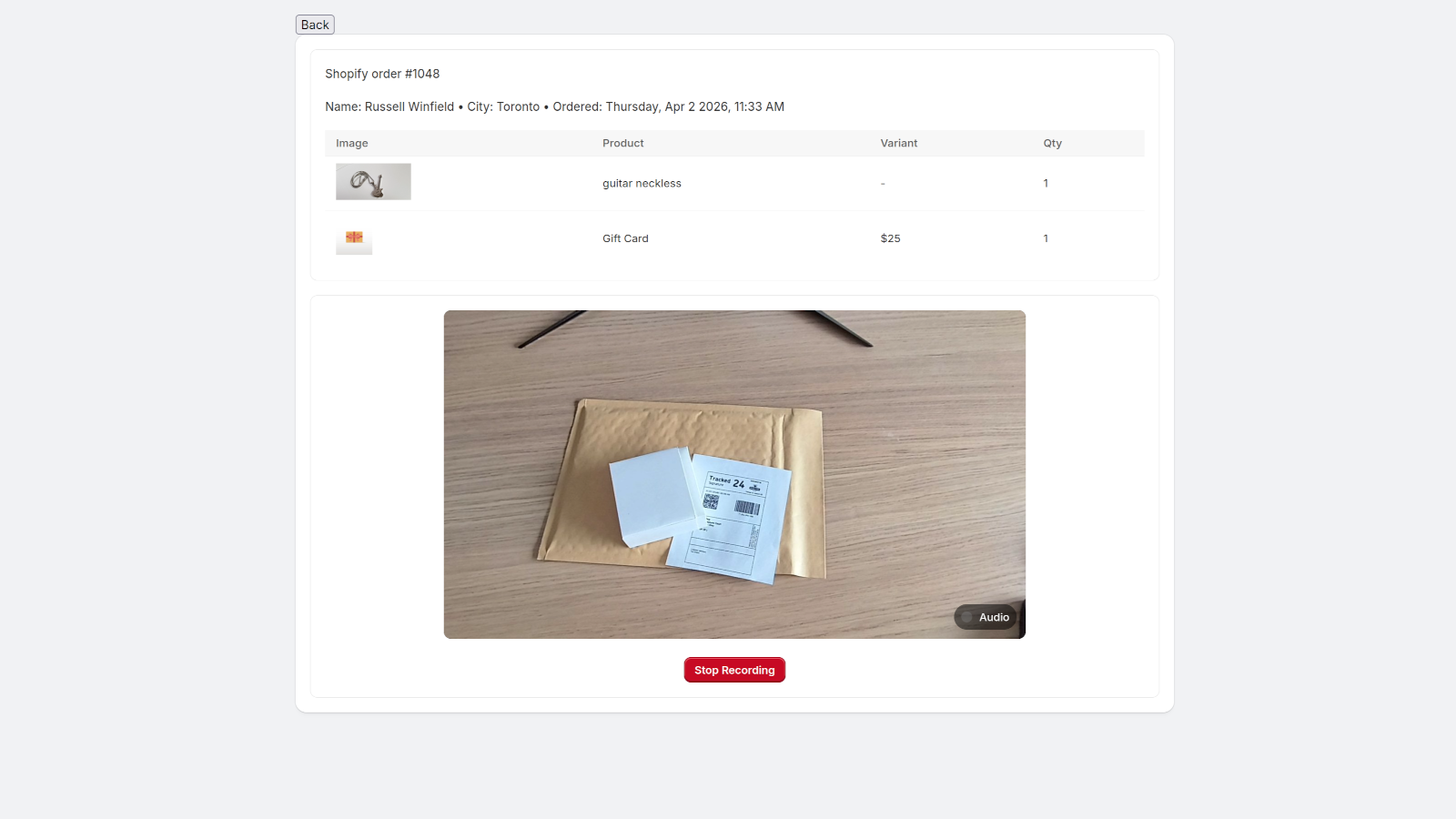 Recording packing an order