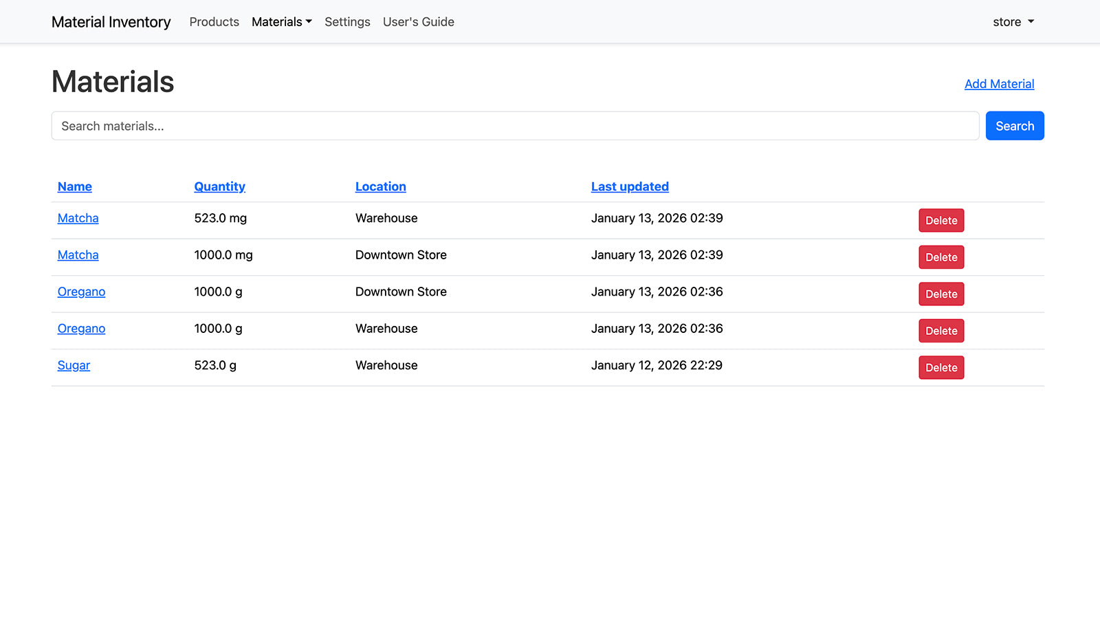 List of materials, assemblies, and components