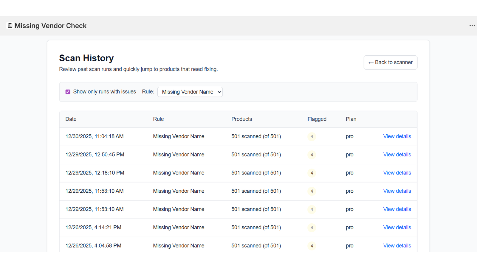 Default scan page with flagged scan results