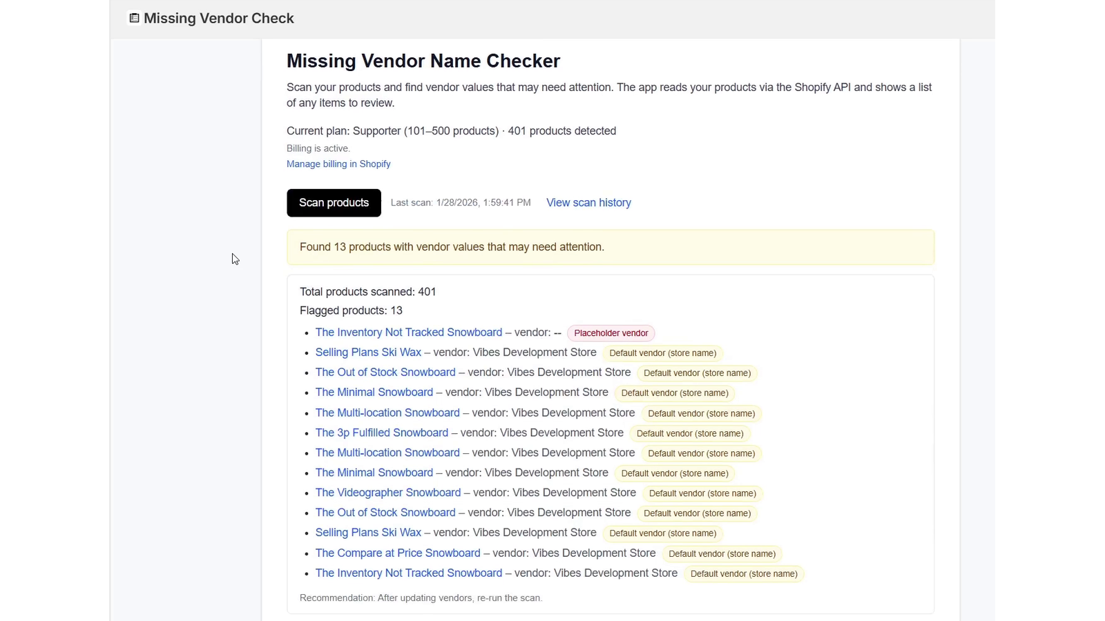 App page after clicking scan button