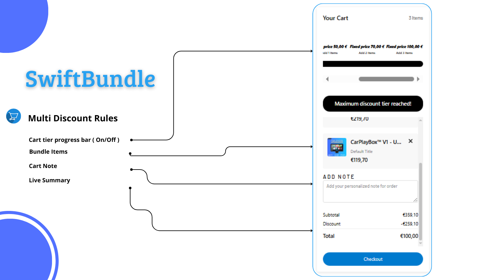 Cart integrated in landing page, with live summary.