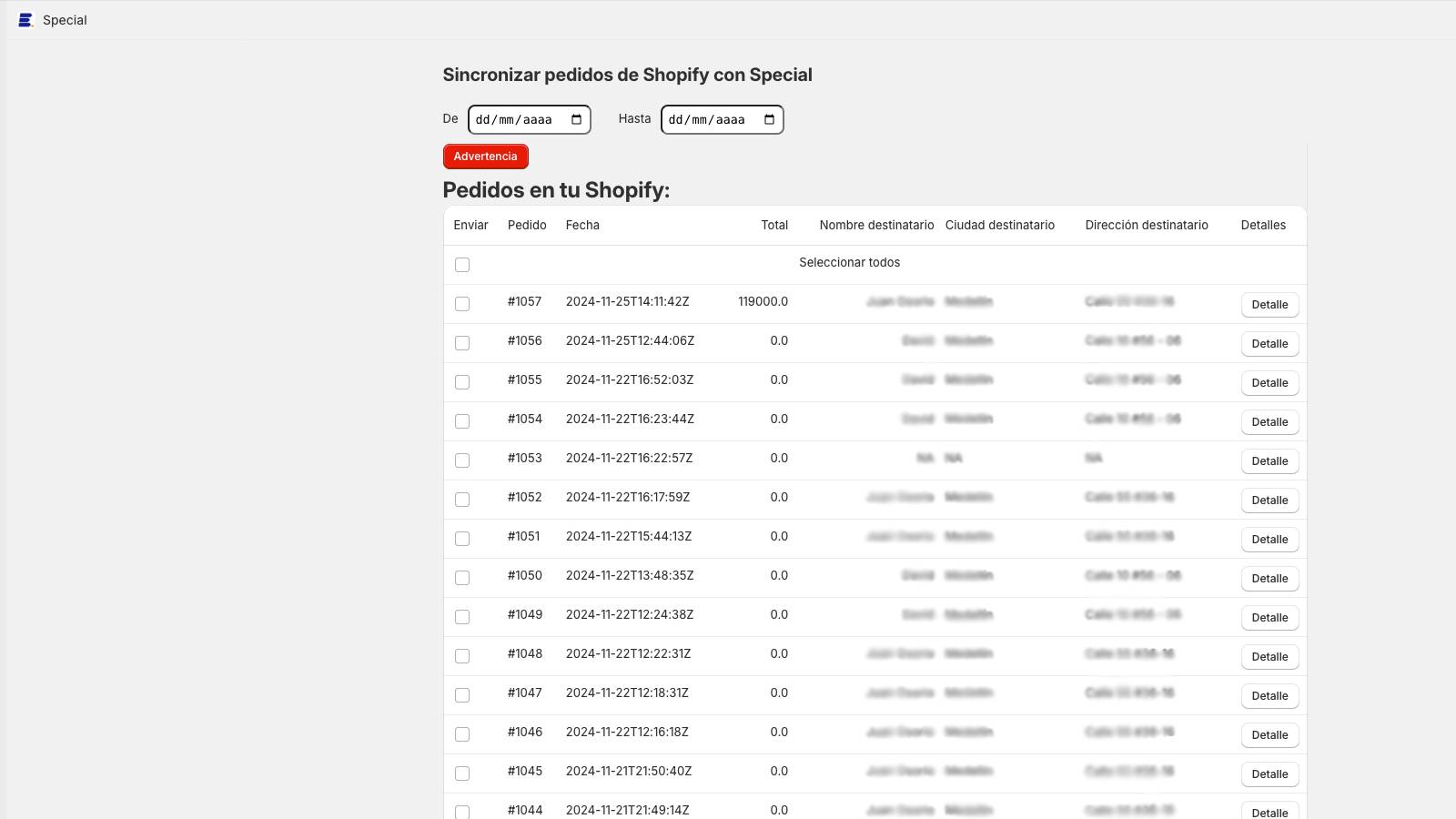 Lista de pedidos para enviar a Special.