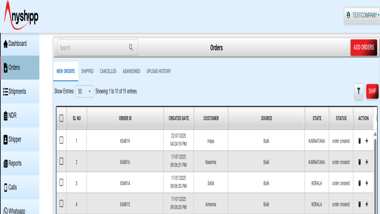 Orders page which lit all orders created through bulk, single 