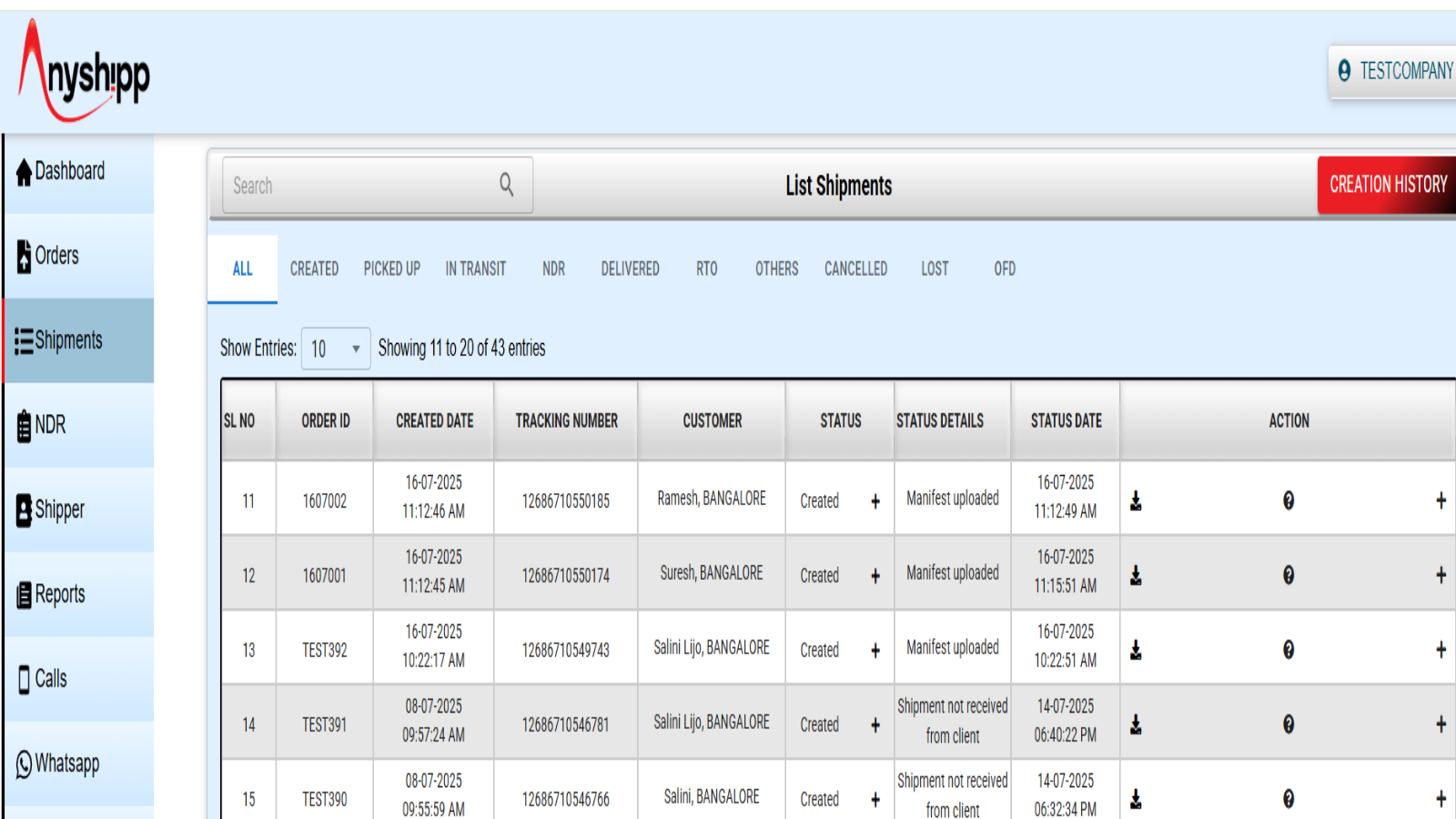 Shipments listed shipping status wise