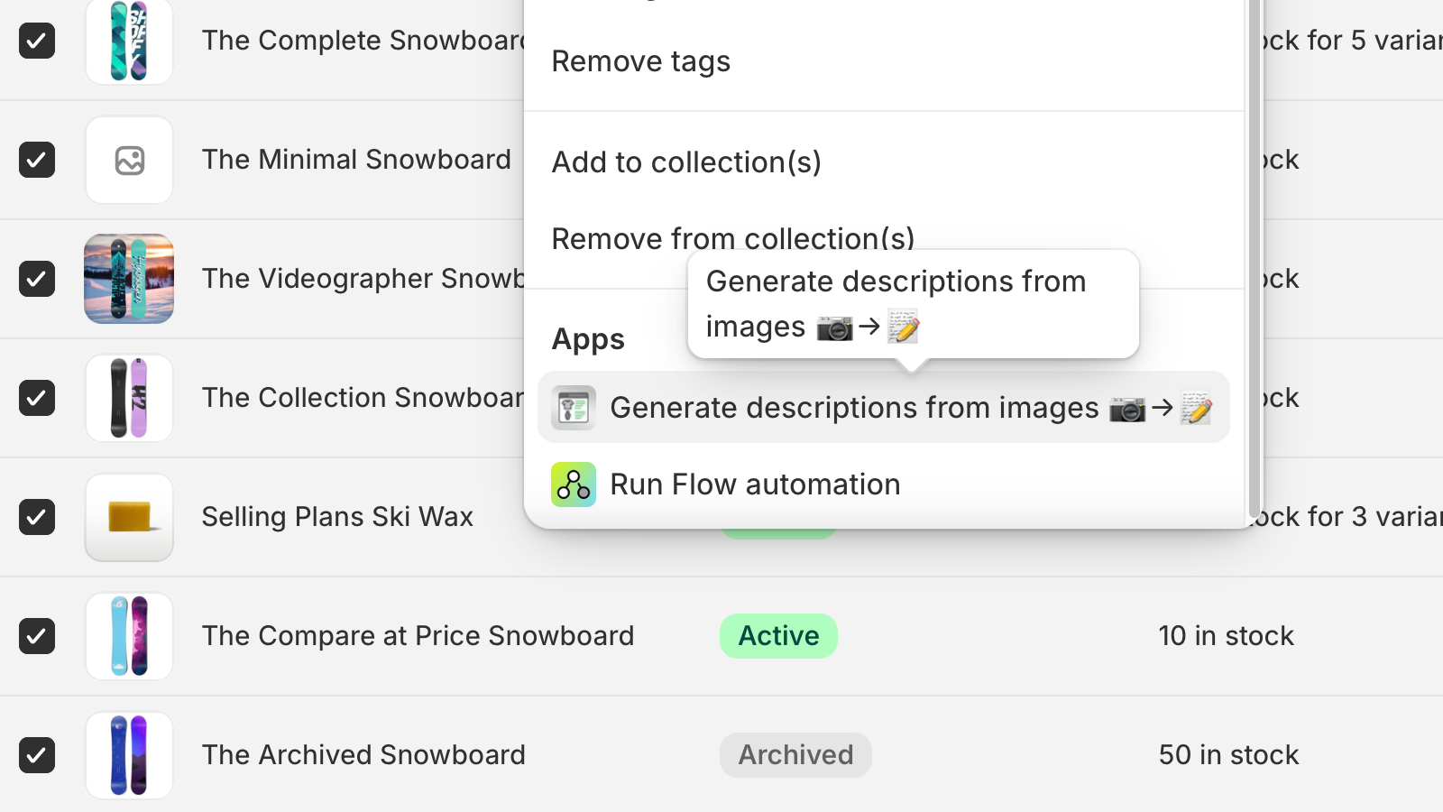 Select products and click "Generate Descriptions from Images"