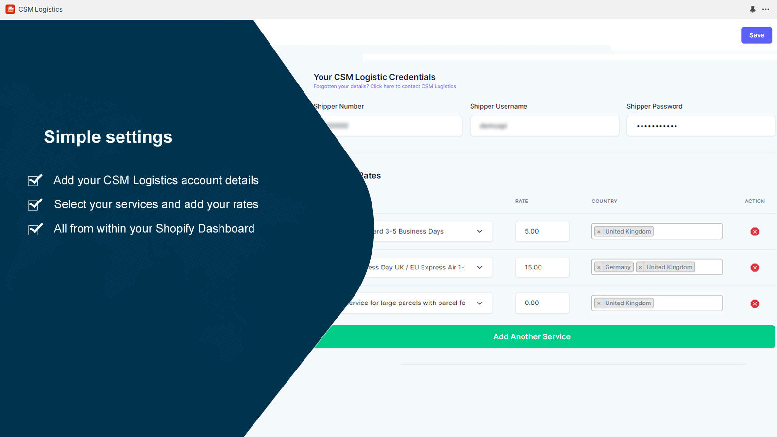 CSM Logistics App Settings Screenshot