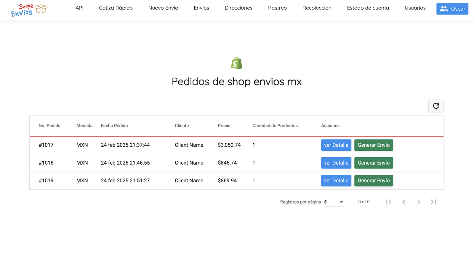 Vista de pedidos desde shopeenvios.com