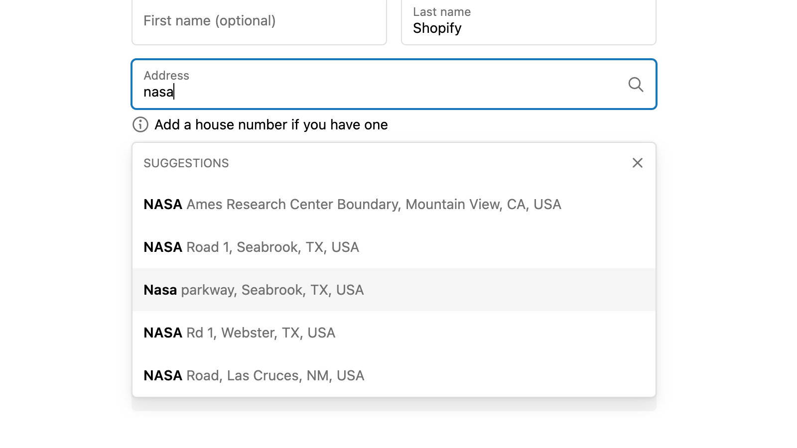 Address suggestions shown to customer