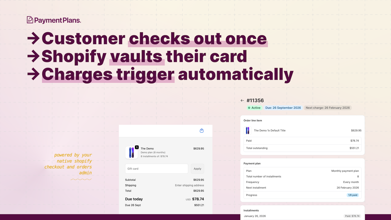 Customer checks out once → Shopify vaults their card