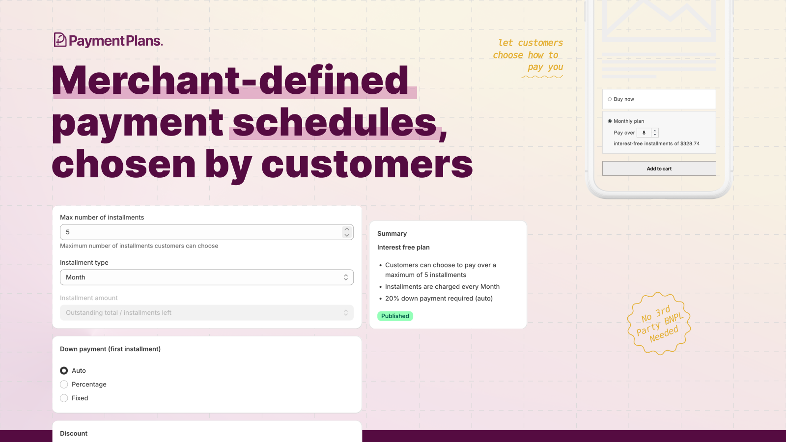 Merchant-defined payment schedules, chosen by customers