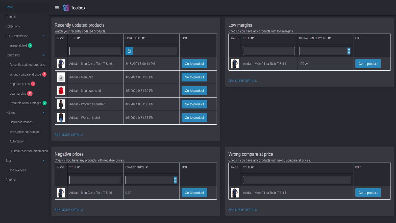Screenshot showing the dashboard overview