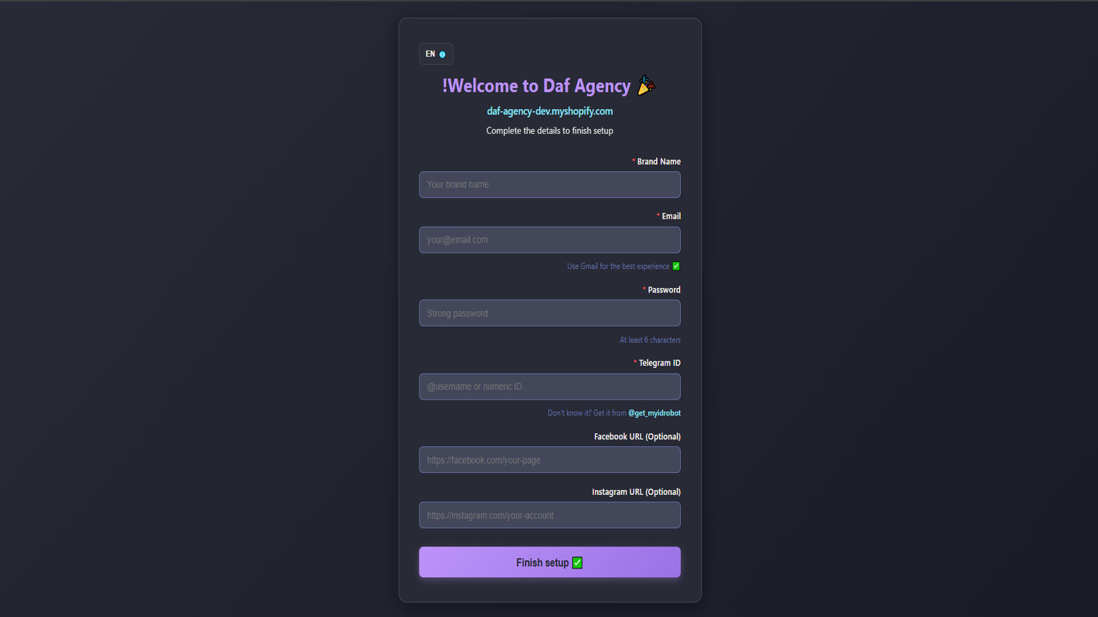 One-time onboarding setup to configure brand details