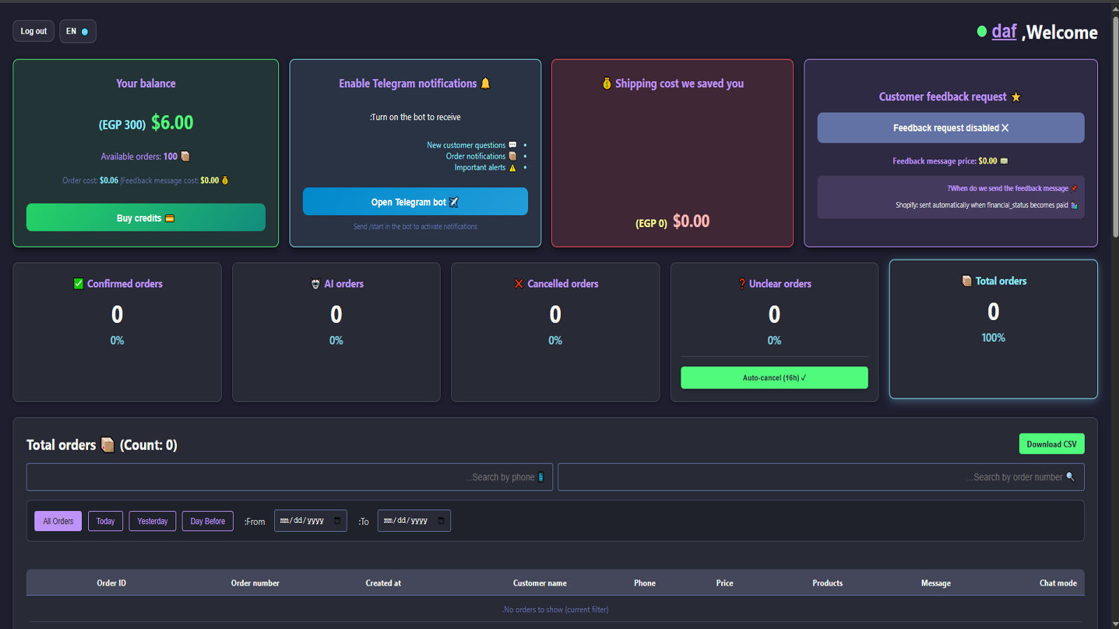 Main dashboard showing order statistics, balance, and analytics
