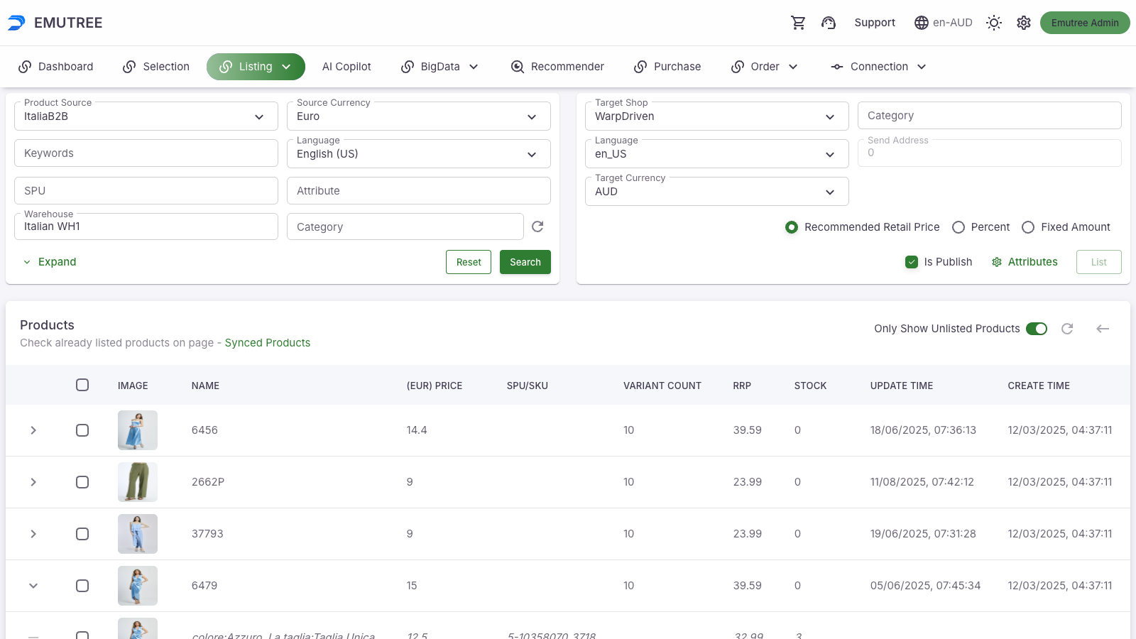 WarpDriven One-click listing from integrated Supply Chains